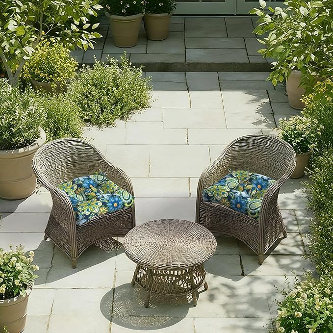DYTXIII Set of 2 Outdoor Chair Cushions 19"x19"x4", Water Repellent Tufted Patio Seat Cushions with Ties, Thick Replacement Pads for Wicker Dining Chairs, Patio Furniture, Flower Child