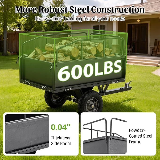 600LBS Heavy Duty Steel Dump Cart Trailer, 17 Cu.Ft. Tow Behind Hauling & Dumping Wagon for ATV, Lawn Tractor with 16" Pneumatic Tires & Rust Resistant Finish