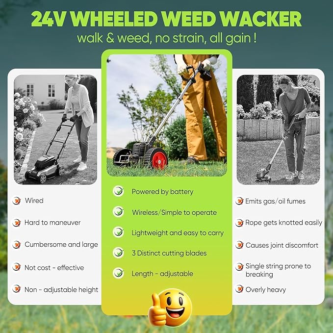 SakerPlus Wireless Weed Cutter, 24V Cordless Electric Grass Trimmer Weed Eater Wacker with 2 Batteries, 3-in-1 Lightweight Brush Cutter/Lawn Mower/Edger with Wheels & for Lawn, Garden & Yard(Black)