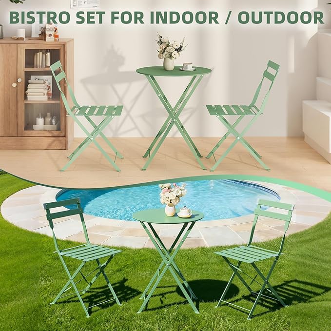 3-Piece Folding Bistro Set, 2 Chairs and 1 Coffee Table, Space Saving Weather-Resistant Frame, Portable Indoor/Outdoor Patio Furniture Conversation Set for Garden Porch Balcony Deck - Green