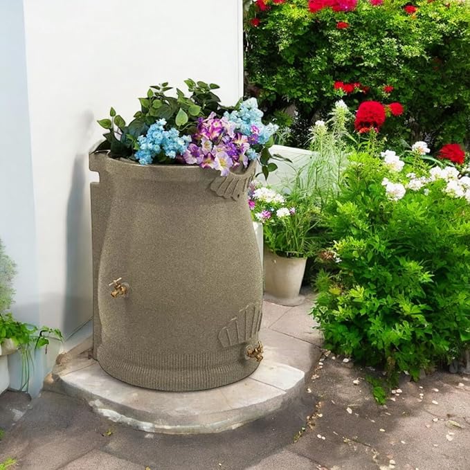 Rain Wizard Decorative Urn Rain Barrel, Durable polyethylene Resin, with Brass Spigot, Flat-Back Design,Perfect for Gardening Any Home (Sandstone, 50 Gallon)