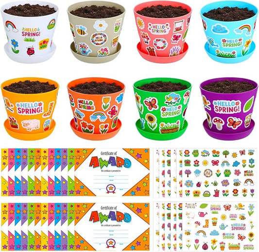 Domensi 30 Pack Garden Pot Craft Kit 4 Inch DIY Hello Spring Crafts for Kids Bulk Plastic Flower Plant Pot Plastic Planter with Tray Drainage Holes with Tag, Certificate of Award, Sticker