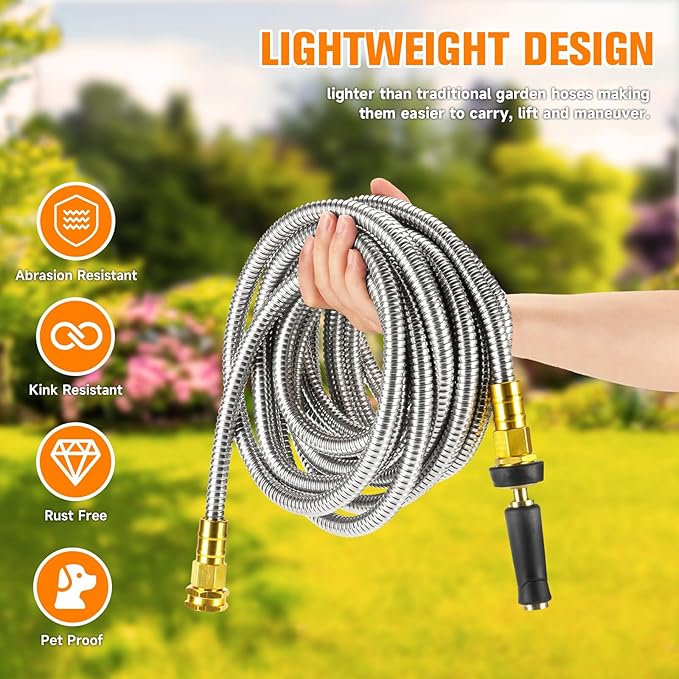 Rosy Earth Metal Garden Hose 175 FT - 304 Stainless Steel Water Hose 175 FT - Expandable Short Flexible Garden Hose,no Kink Explosion, no Bite