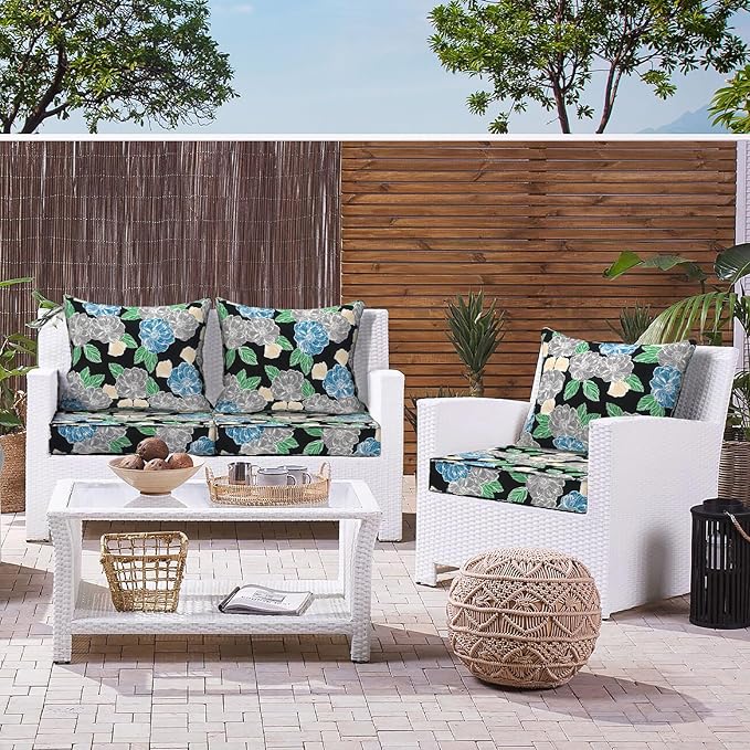 LVTXIII Outdoor Deep Seat Cushion Patio Seat and Back Cushion Set Seasonal Chair Cushion with Removable Cover and Adjustable Buckle for Home and Garden, 24"x24"x4", Peony Garden