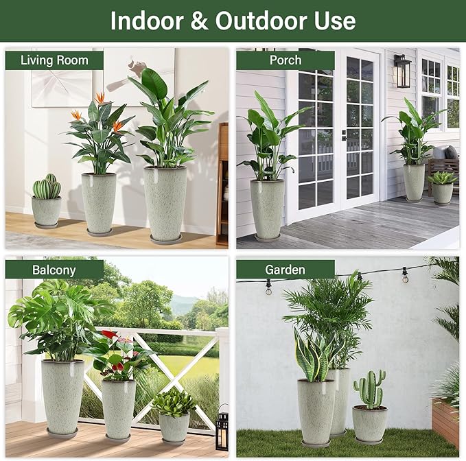 Neoaider 24/21/12 Inch Large Plastic Planter, Lightweight Ceramic-Look Tall Planters with Drain Hole & Saucers, Tall Plastic Planters for Porch, Garden, Patio, Balcony(Drip Glaze)