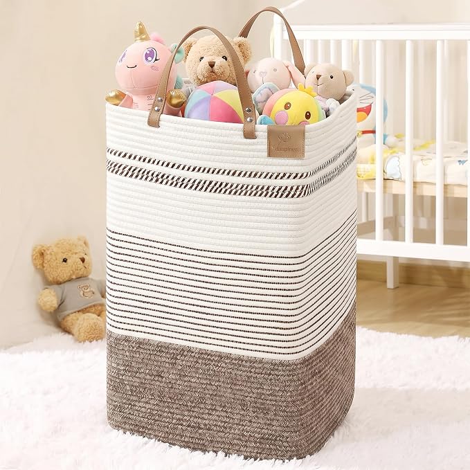 danpinera 100L Nursery Hamper, Tall Woven Laundry Basket with Long Leather Handles, Boho Laundry Hamper for Living Room, Eco-friendly & Convenient Decorative Storage Basket, White & Dark Brown