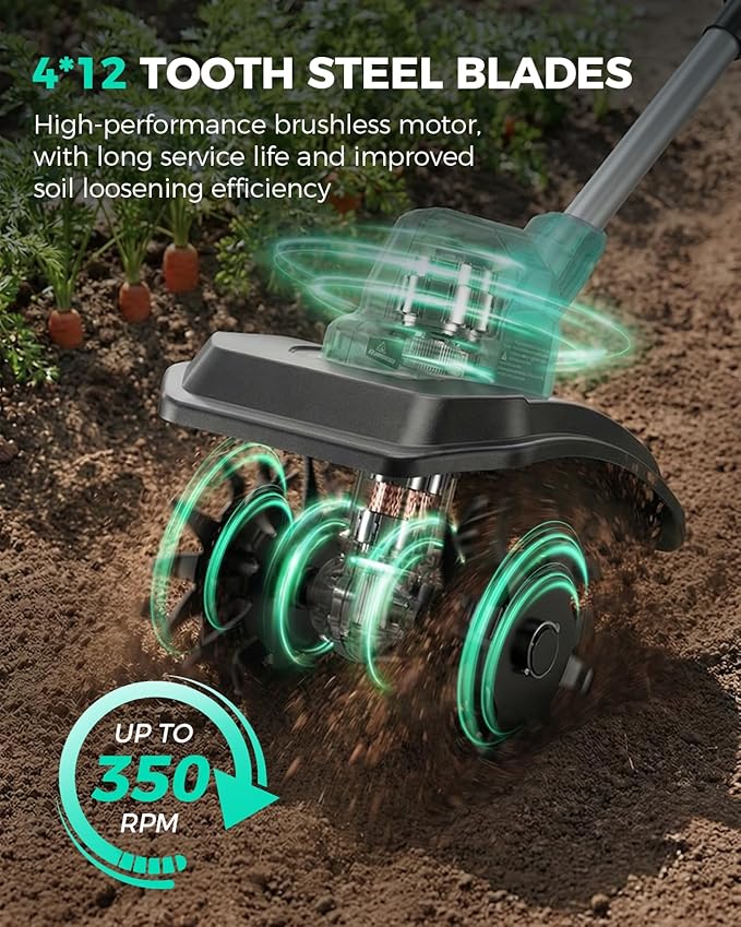21V Cordless Tiller Cultivator for Gardening, 350 RPM Electric Garden Tiller with 2×3.0Ah Batteries, 9-Inch Tilling Width 7-Inch Depth Lightweight Hand Tiller for Soil Cultivation, Lawn, Composting