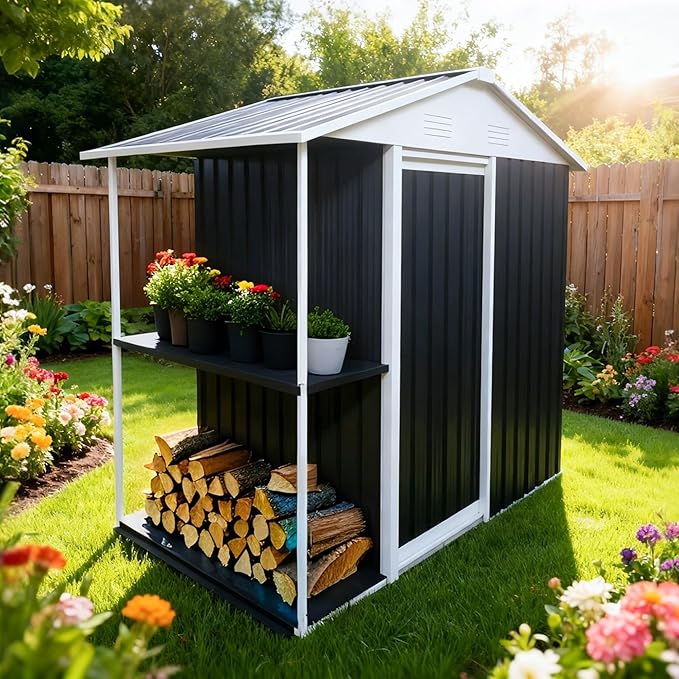 6'x4' Outdoor Storage Shed with External Rack AMD Shelves, Heavy Duty Metal 2-in-1 Garden Tool Buliding Shed with 1.3'x3.7' Open Side Storage Area for Bike, Lawn, Patio, Backyard