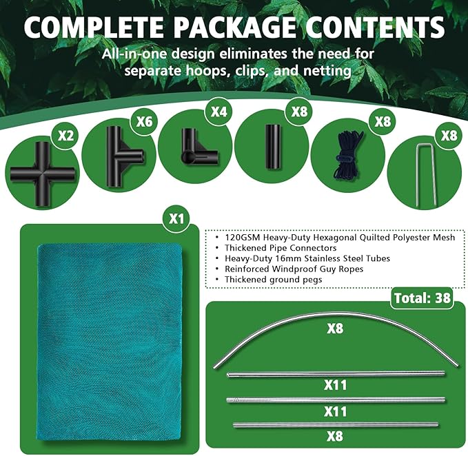148x49x49inch Crop Cage Portable Tunnel Plant Netting Cover Tomato Netting, 4 Roll-Up Zipper Door Garden Cage, Bug Netting Cover for Vegetables & Fruits, Durable Raised Garden Bed Covers