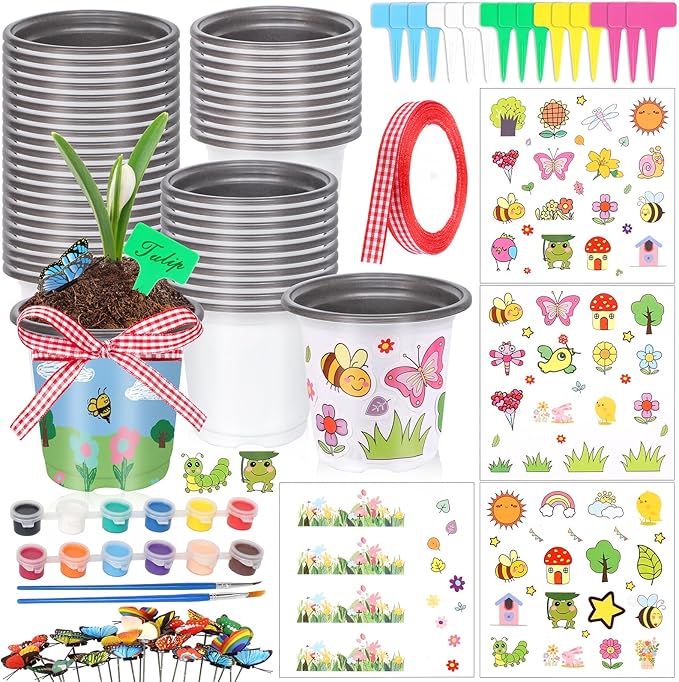 Garden Plastic Pot Craft Kit 50 Nursery Pots with 32 Stickers 50 Plant Labels 4 Painting Tools and 1 Ribbon for Mother's Day Flower Plant Spring Graduation DIY Crafts Painting Gardening Growing Tools