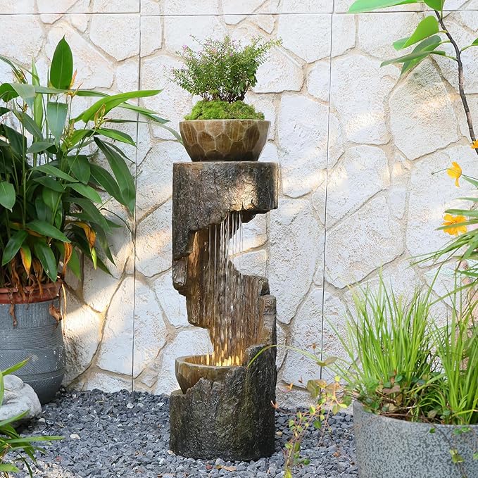 Sunlinua Outdoor Water Fountain with LED Light, Modern Spiral Tiered Outdoor Fountain with Stone Planter Curved Freestanding Waterfall Fountains for Garden Patio Deck Porch
