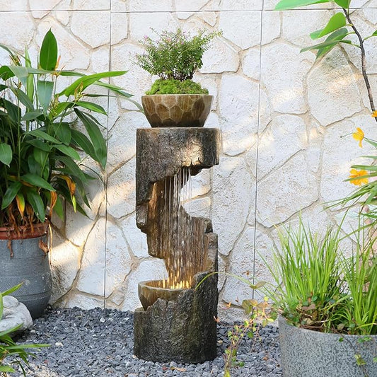 Sunlinua Outdoor Water Fountain with LED Light, Modern Spiral Tiered Outdoor Fountain with Stone Planter Curved Freestanding Waterfall Fountains for Garden Patio Deck Porch