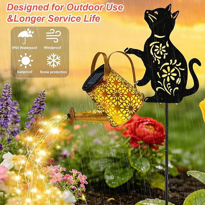 VOOKRY Solar Watering Can Lights Outdoor with Cat Silhouette Stake, Garden Gifts for Mom, Women & Garden Lovers Waterproof Metal Garden Lantern, Decorative Yard Patio Lawn Pathway Decor(1 Pack)