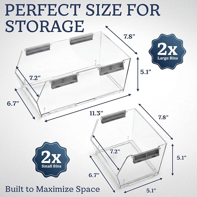 HOMESTEAD Set of 4 Stackable Storage Bins, 2 Large + 2 Small Clear Plastic Organizer Bins, Open Front Design for Kitchen Pantry, Fridge, Cabinet, Bathroom Organization and Snack Storage
