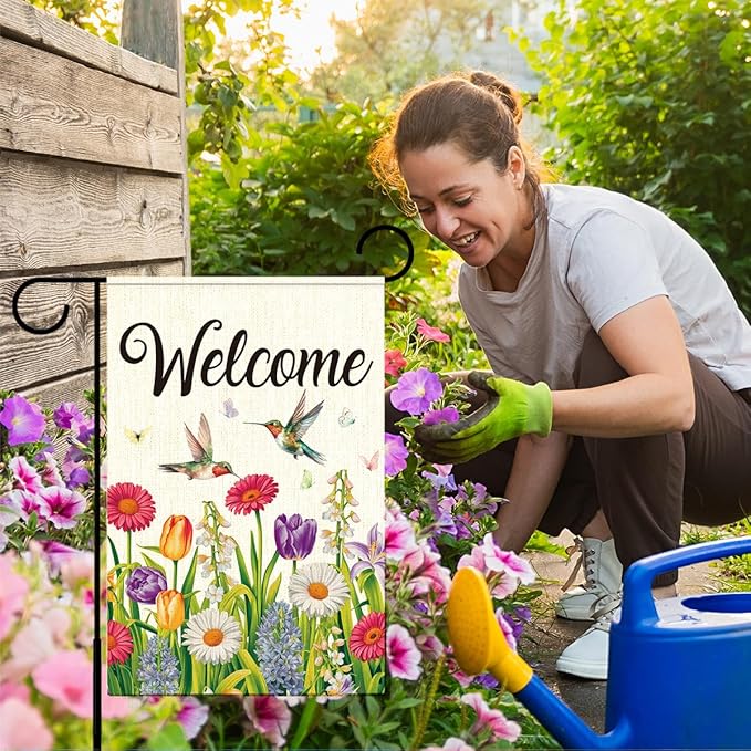 Welcome Flags for Outside,Spring Hummingbird Garden Flag for Yard Patio Lawn Decoration,12x18 Inch Double Sided