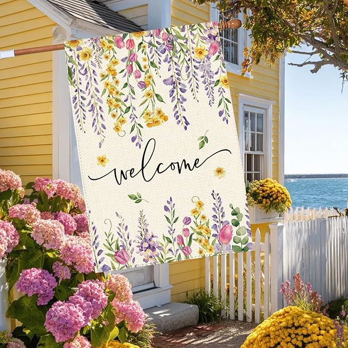 Spring Summer Wisteria Wildflowers Welcome House Flag 28 x 40 Inch Double Sided, Daffodils Floral Large Yard Garden Flags Holiday Farmhouse Flags for Patio Outdoor Outside Decoration