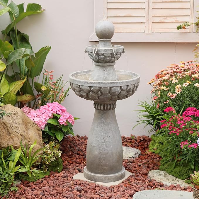 Sunlinua 46.5H 3-Tier Outdoor Water Fountain with LED Lights Italian Resin Garden Fountain for Patio Yard Weather-Resistant Cascading Waterfall Feature with Quiet Pump Elegant Backyard Décor Gray