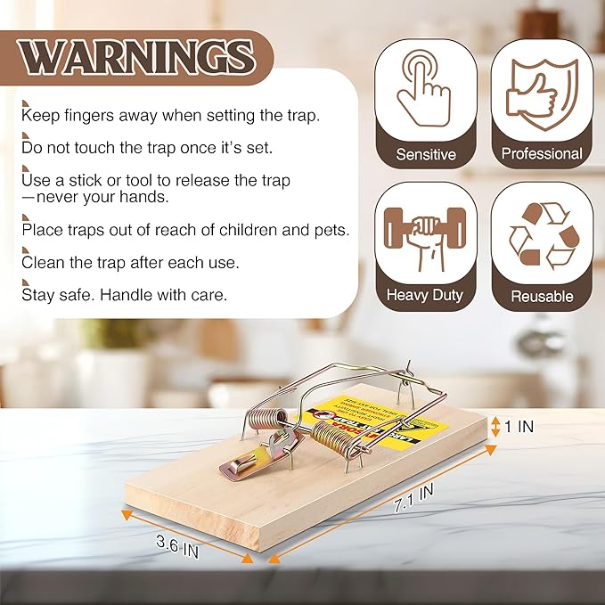 3 Pack Large Wooden Mouse Traps, Heavy Duty Rat Snap Traps with Metal Pedal, Sturdy Reusable Mousetraps for Fast Capture of Large Rats & Rodents, Safe for Indoor & Outdoor Use