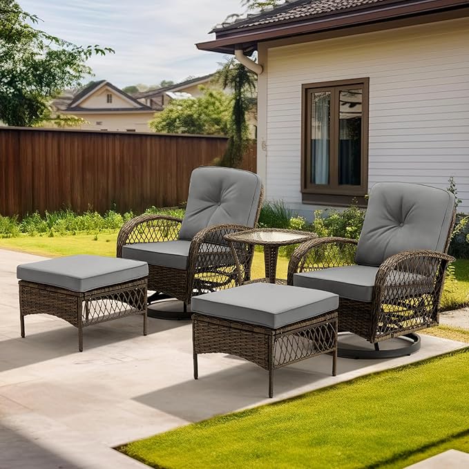 MELLCOM 5 Pieces Patio Furniture Set, Outdoor Swivel Rocker Patio Chairs with Ottomans, Wicker Conversation Set with Rocking Chair, Thickened Cushions, Glass Coffee Table for Backyard, Grey