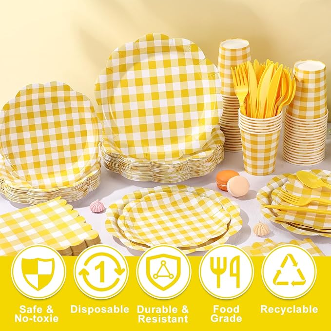 Funnymoom 400 Pcs Gingham Party Supplies for 50 Guests Yellow and White Paper Plates and Napkins Knives Spoon Fork Cup Disposable Checkered Dinner Party Set Cutlery for Baby Shower Wedding Favor