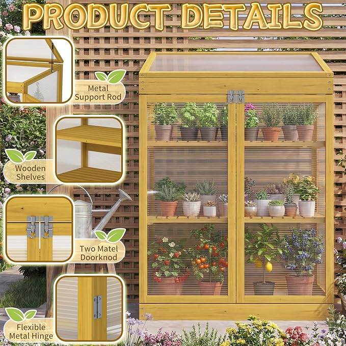 Wooden Cold Frame Greenhouse, Garden Portable Mini Solid Wood Greenhouse Cabinet with Transparent Flip-Top Roof, Raised Flower Plants Shelf Protection for Outdoor Indoor, Natural