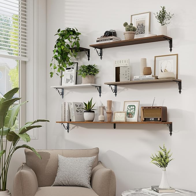 RICHFOCUS Floating Shelves for Wall Decor, 39.4W x 8D Shelves Set of 2, 8 Inch Deep Rustic Wood Shelves Wall Mounted with Brackets, Long Floating Shelves for Living Room Bedroom Kitchen, Walnut