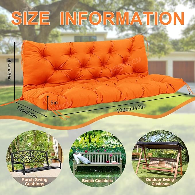 Premium 5" Thick Waterproof Outdoor Swing Cushions Sturdy Durable 2 Seat Replacement Porch Swing Cushions with Backrest&Ties Bench Cushion for Outdoor Furniture Backyard Patio (Orange)