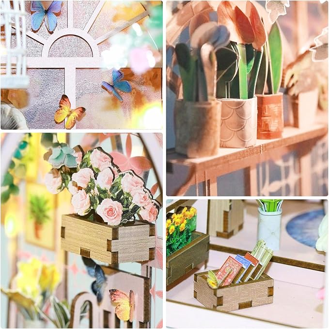 Green House Book Nook Kit - DIY Miniature Flower Room 3D Wooden Puzzle, Booknook Bookshelf Decor for Adults Teens, Creative Craft Kits Gift for Family Friends