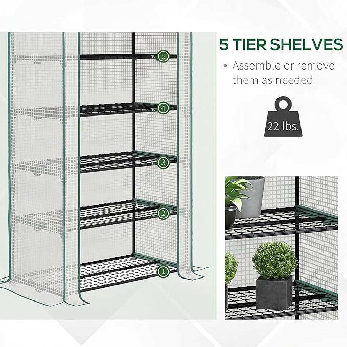 Outsunny 5 Tier Mini Greenhouse, 76" x 35.4" x 19.3" Small Portable Greenhouse with Reinforced PE Cover, Roll-Up Zippered Door, for Indoor Outdoor Garden Yard Backyard, White