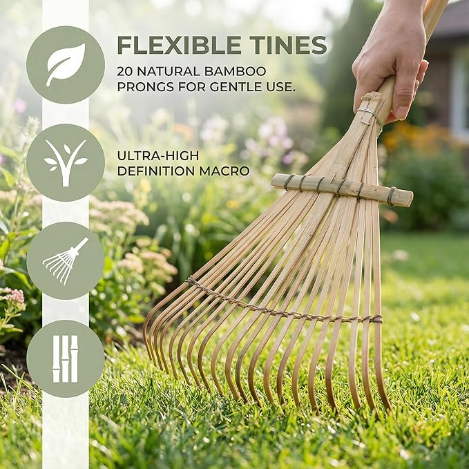 Toddmomy 23" Bamboo Hand Rake for Garden & Landscaping, Lightweight 20-Tine Wooden Rake for Leaves, Debris Gathering & Loosening, Compact Manual Cultivator for Yard, Flower Beds & Zen Garden