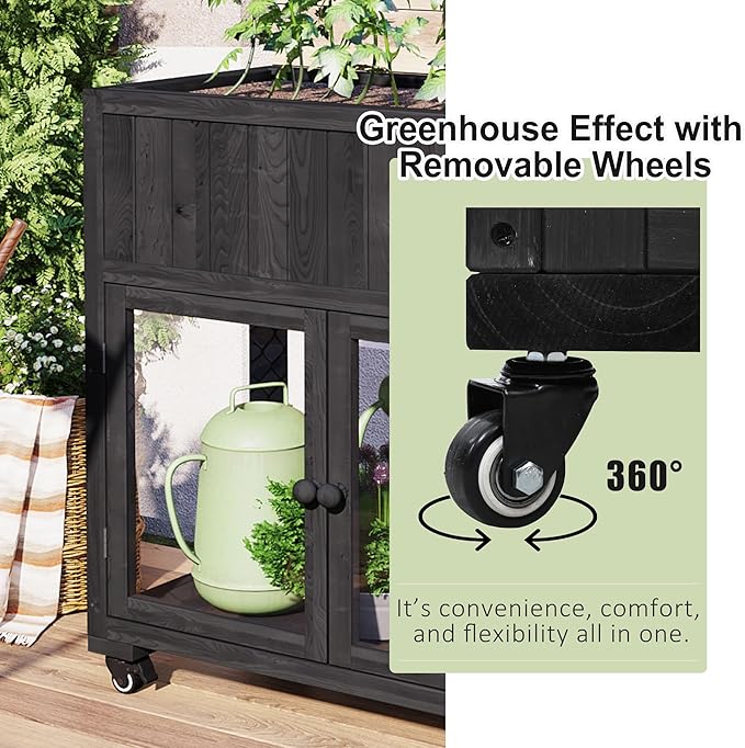 Polibi Patio Mini Wood Cold Frame, Compact 2 Doors Garden Greenhouse with Wheels, Raised Bed with Liner for Indoor Outdoor Use,35.4''x17.7''x37.4'',Black
