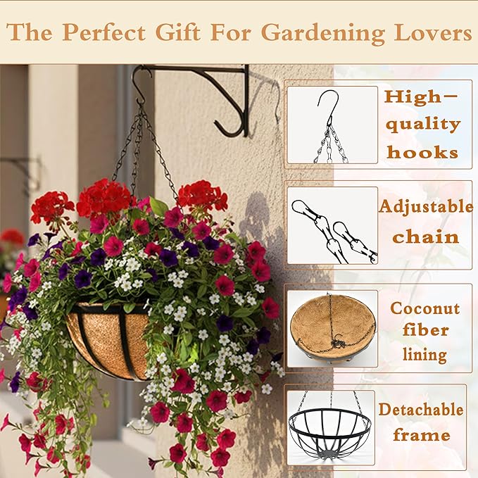 4 Pack 12" Round Metal Hanging Basket for Outdoor Plants Durable Large Hanging Planter with Coco Coir Round Plant Holders Planter for Outside Garden Decoration (Flat Iron)