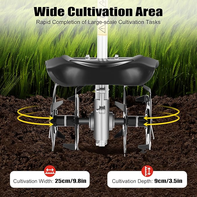 2 Stroke Tiller Cultivator, 51.7CC 6500RPM Garden Mini Tiller Rototiller Gas Powered Rotary Cultivator Handheld Single-Cylinder Rototiller Garden Tool with 1.1L Fuel Tank for Farm Loose Soil Weeding