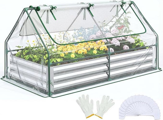 Quictent Raised Garden Bed with Cover Outdoor Galvanized Metal Planter Box Kit, w/ 2 Large Screen Windows Mini Greenhouse 20pcs T Tags 1 Pair of Gloves Included for Growing Vegetables 6x3x1ft (Clear)