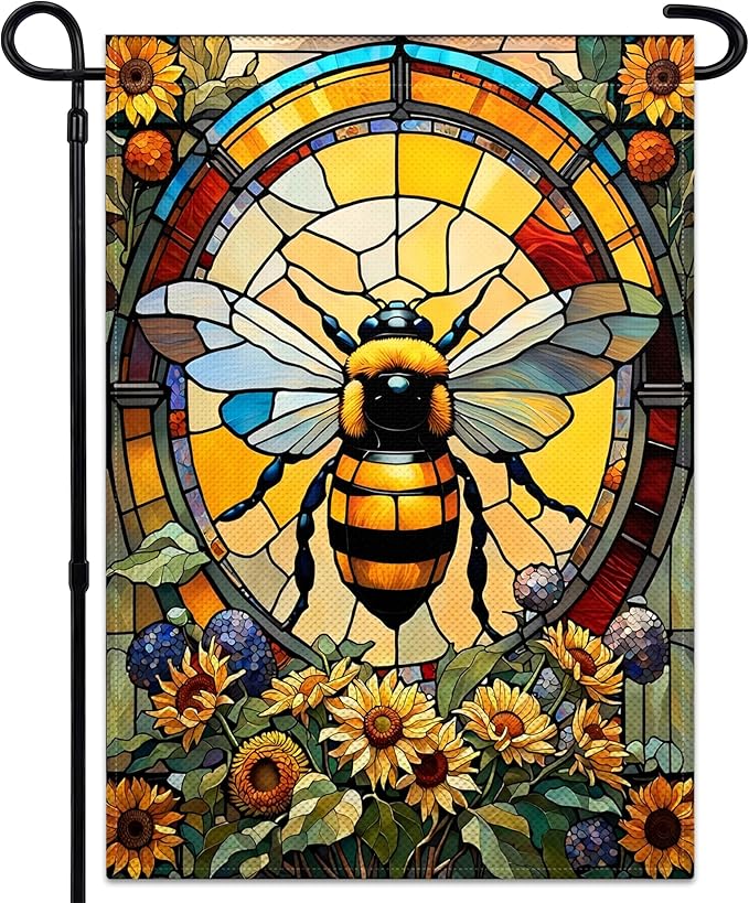 Summer Bee Garden Flags for Outside 12×18 Inch Double Sided Spring Flowers Garden Flags with Bee Glass Style for House Indoor Outdoor Lawn Yard Garden Sign Decor