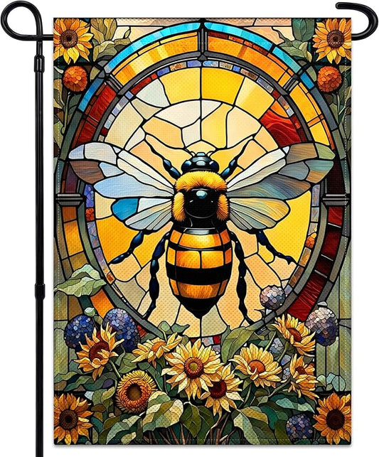 Summer Bee Garden Flags for Outside 12×18 Inch Double Sided Spring Flowers Garden Flags with Bee Glass Style for House Indoor Outdoor Lawn Yard Garden Sign Decor
