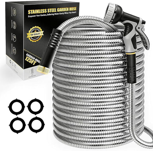 Lefree 125ft Stainless Steel Garden Hose - No-Kink Leak-Proof Crush Resistant, Dog Chew Proof with Upgraded Protective Rubber Sleeve, 10-Function Nozzle for Large Yard, Gardening, RV, Pet Bath