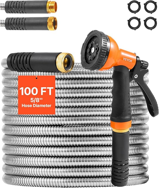 VEVOR Garden Hose Metal 100FT – Heavy Duty Stainless Steel Water Hose, Flexible, No Kink & Tangle, Puncture Resistant & Rust Proof, Lightweight w/ 10-Function Spray Nozzle for Yard, Outdoor, Gardening
