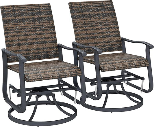 Outsunny Patio Glider Chair Set of 2, Wicker Rattan Outdoor Swivel Chair with Steel Frame, High Back, Armrests, Porch Glider with Adjustable Foot Pads for Garden, Lawn, Backyard, Brown