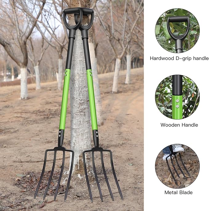 GARDENWORK Pitch Fork,Pitch Forks for Garden,45-Inch Gardening Fork with 4 Tines,Heavy Duty Digging Spading Fork for Compost,Manure,Mulch,Aeration,Steel Handle & Strengthen Fork Head