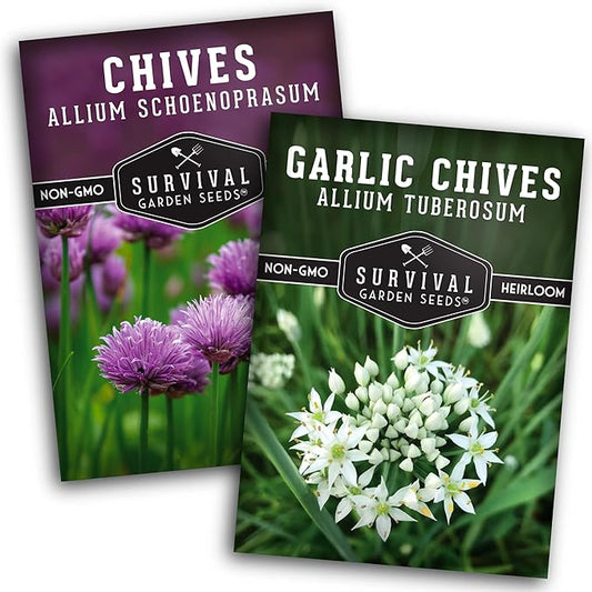 Chive Seed Collection - Common & Garlic Chives – 2 Packets of Non-GMO Heirloom Open-Pollinated Herb Seed Varieties to Plant in Your Vegetable Garden – Seed Saver Instructions - Survival Garden Seeds