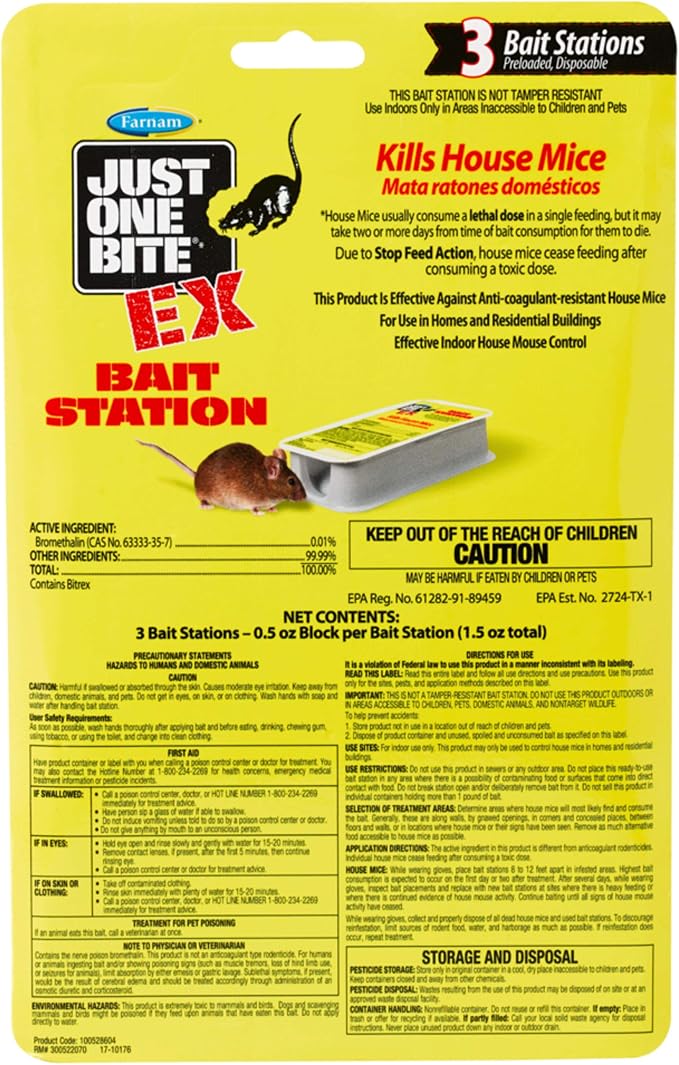 Just One Bite Farnam EX Bait Station, Disposable Mouse Bait Trap, 3-Pack | Bromethalin to Kill House Mice Fast, Preloaded and Ready to Use Rat Killer
