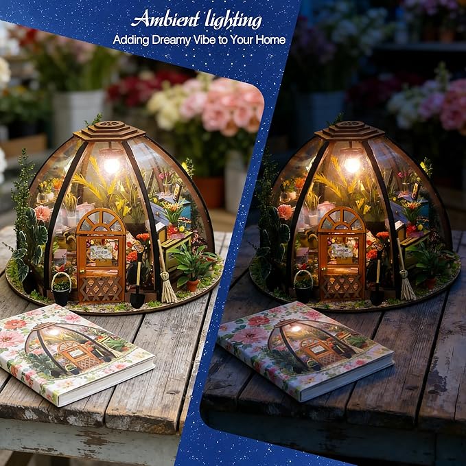 Soothee DIY Miniature House Kit, DIY Book Nook with LED Light | 3D Puzzles for Adults and Teens, Tiny Greenhouse Building Kits for Bookshelf Decor, Relaxing Gift for Craft Lovers | Starry Garden
