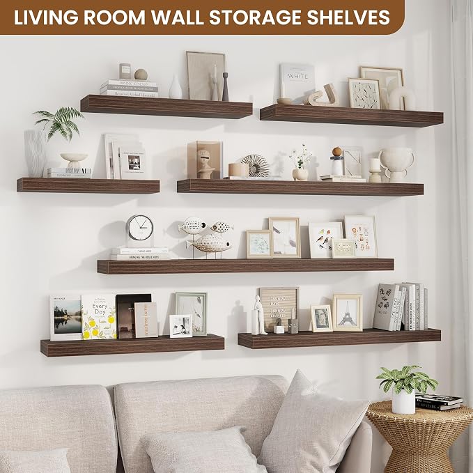 Floating Shelves for Wall, Wall Mounted Wood Shelves, Walnut, Set of 2, 48” | Wood Floating Shelf with Invisible Brackets for Living Room, Bathroom, Bedroom, Kitchen, Hanging Shelf for Storage and Decor