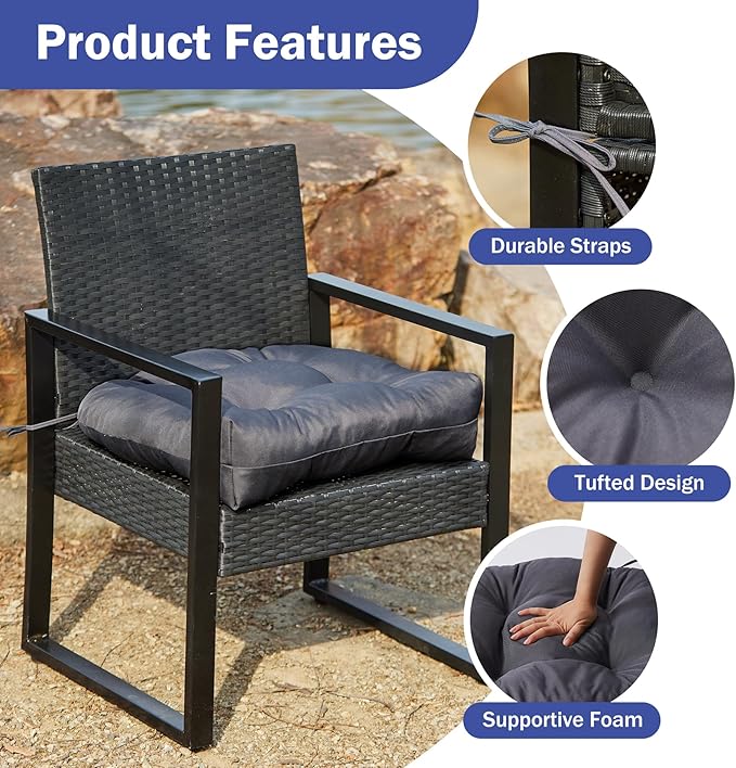 IPYNBAP Outdoor Chair Cushions Set of 2, Patio Chair Cushions with Ties,19x19+5” Tufted Outdoor Seat Cushions, Waterproof Patio Furniture Cushions, Outdoor Dining Chair Pads, Dark Grey (Pack of 2)