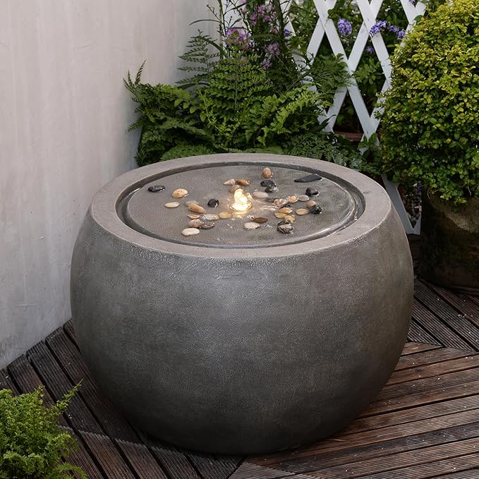 Tankana Garden Water Fountain Outdoor Large Round Bubbler Water Feature Indoor with Lights & Pump and Pebbles Concrete Effect for Patio Pool Pond Yard Home Decor Gray, 25 "L X 25" W X 17.5" H