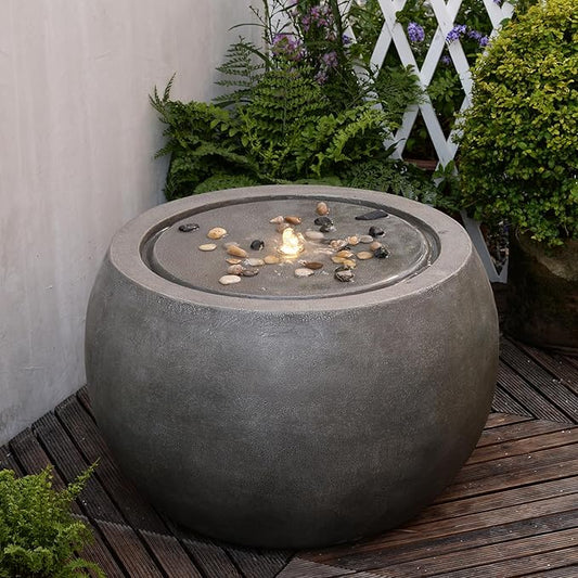 Tankana Garden Water Fountain Outdoor Large Round Bubbler Water Feature Indoor with Lights & Pump and Pebbles Concrete Effect for Patio Pool Pond Yard Home Decor Gray, 25 "L X 25" W X 17.5" H