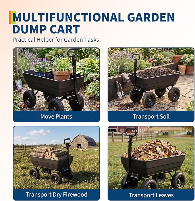 Garvee Garden Dump Cart, 1200 Lbs Heavy Duty Outdoor Garden Wagon with Quick Release and 10-Inch Flat-Free All-Terrain Wheels, Utility Wagon for Soil, Plants, Tools, Grey ﻿