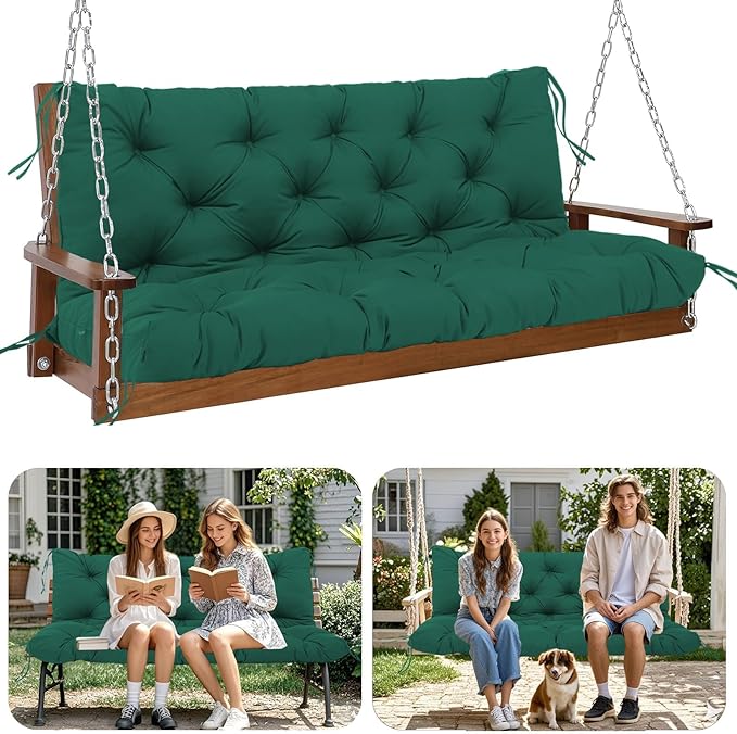 Premium 5" Thick Waterproof Outdoor Swing Cushions 3 Seater Sturdy Durable Porch Cushions 60 inch with Backrest&Ties Swing Cushions for Outdoor Furniture Backyard Patio(DarkGreen60x40x5inch)