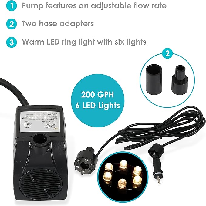 Sunnydaze 200 GPH Submersible Water Pump – 12W, 12V Small Fountain Pump with Adjustable Flow, White LED Light & Transformer for Outdoor Fountains, Bird Baths, Aquariums